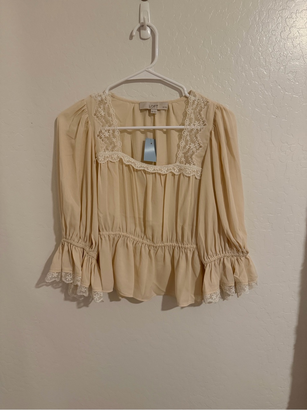 LOFT Cream Lace-Trim Peasant Top